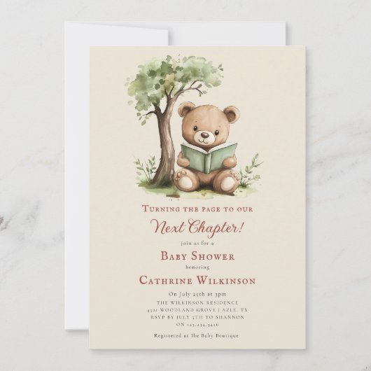 Invitation Teddy Bear Reading Next Chapter Baby shower (Devant)