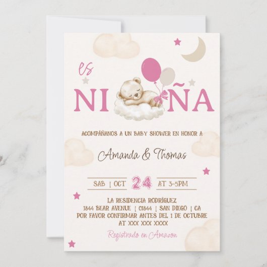 Invitation Teddy Bear rose Baby shower espagnol fille (Devant)