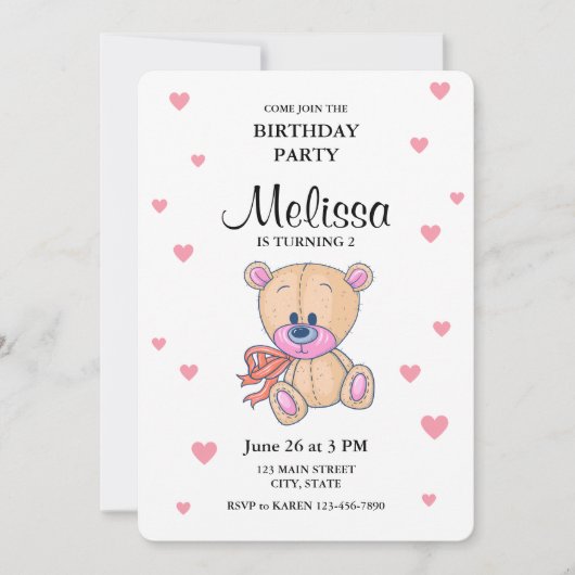 Invitation Teddy Bear Rose Little Girl Anniversaire (Devant)