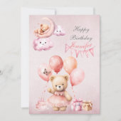 Invitation Teddy Bear Rose Watercolor Girls Anniversaire (Devant)