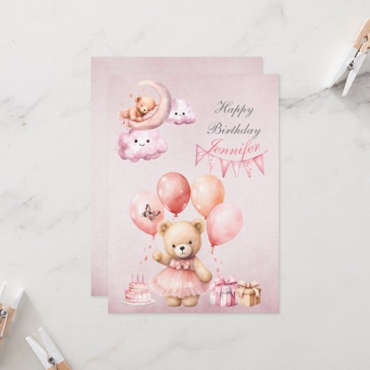 Invitation Teddy Bear Rose Watercolor Girls Anniversaire (Devant/Arrière en situation)