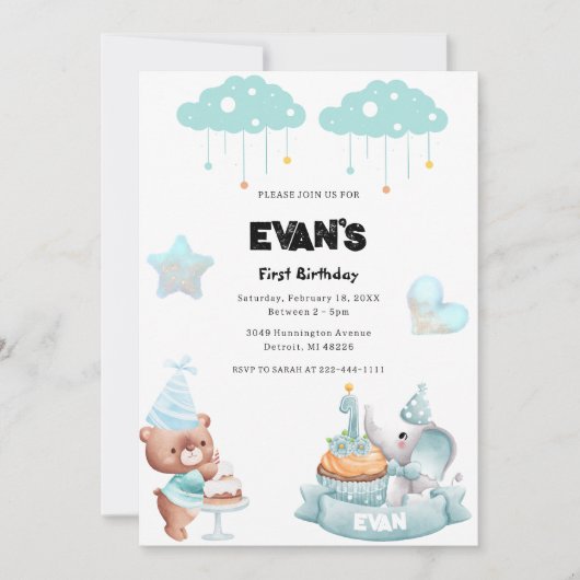Invitation Teddy Bear Sage Bue Beary Premier anniversaire (Devant)