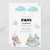 Invitation Teddy Bear Sage Bue Beary Premier anniversaire (Devant / Derrière)