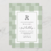 Invitation Teddy Bear Sage En vichy 1er anniversaire Invitati (Devant / Derrière)