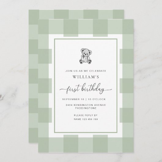 Invitation Teddy Bear Sage En vichy 1er anniversaire Invitati (Devant / Derrière)