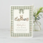 Invitation Teddy Bear Sage Green Gingham Bow Baby Shower (Debout devant)
