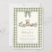 Invitation Teddy Bear Sage Green Gingham Bow Baby Shower (Devant)