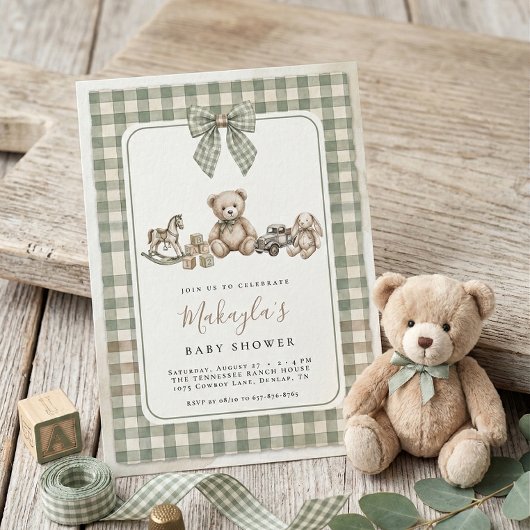Invitation Teddy Bear Sage Green Gingham Bow Baby Shower