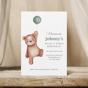 Invitation Teddy Bear Sage Green Première fête d'anniversaire