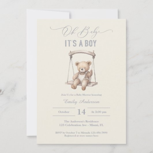Invitation Teddy Bear Script Boho Baby shower Garçon (Devant)