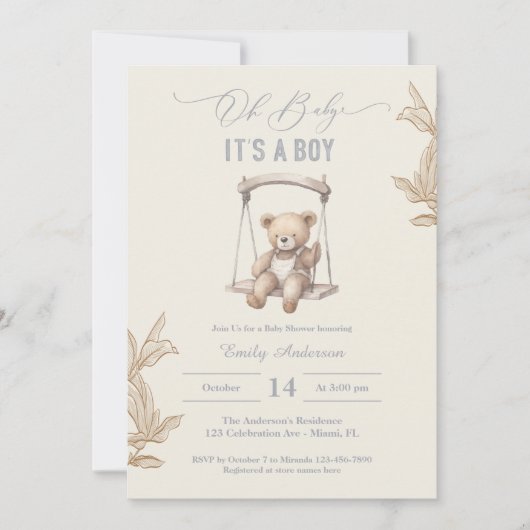 Invitation Teddy Bear Script Boho Baby shower Garçon (Devant)