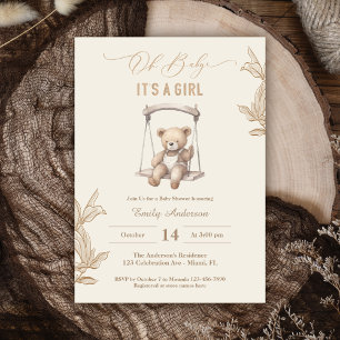 Invitation Teddy Bear Script Boho Baby shower Girl