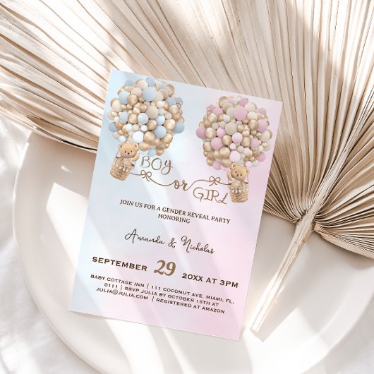 Invitation Teddy Bear Soft Rose & Ballons Bleus Révélation de