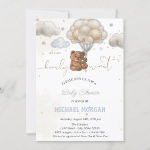 Invitation Teddy Bear Stars Ballons Nuages Baby shower