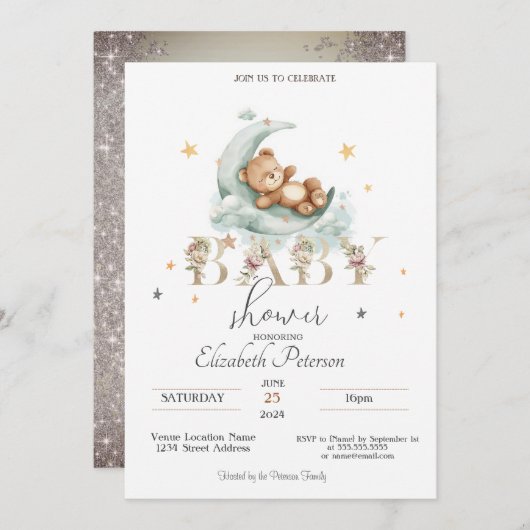 Invitation Teddy Bear Stars Parties scintillant Gold Baby sho (Devant / Derrière)