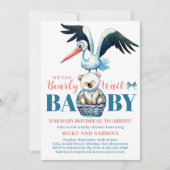 Invitation Teddy Bear Stork Bearly There Baby shower bleu (Devant)