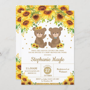Invitation Teddy Bear Sunflower Baby shower Twin Boy Girl
