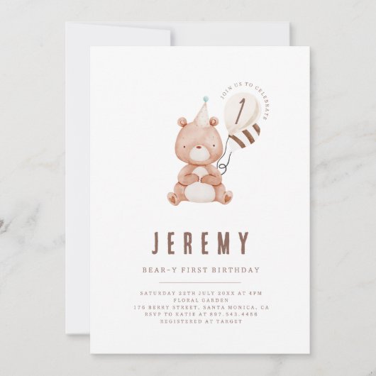 Invitation Teddy Bear Thème Neutre 1er anniversaire fête (Devant)