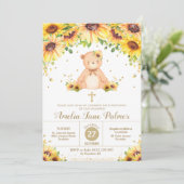 Invitation Teddy Bear Tournesol Floral Christening Baptême (Debout devant)