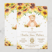 Invitation Teddy Bear Tournesol Floral Christening Baptême (Devant / Derrière)
