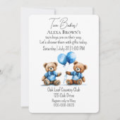 Invitation Teddy Bear Twin Baby Boy Douche (Devant)