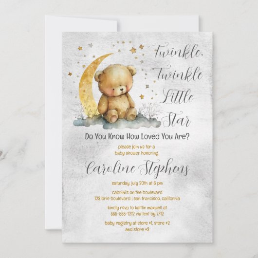 Invitation Teddy Bear Twinkle Twinkle Little Star Baby shower (Devant)