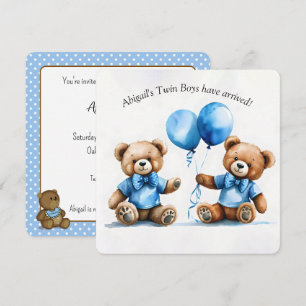 Invitation Teddy Bear Twins Baby Boy Douche