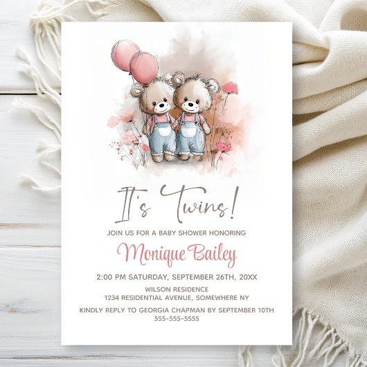Invitation Teddy Bear Twins Baby Shower