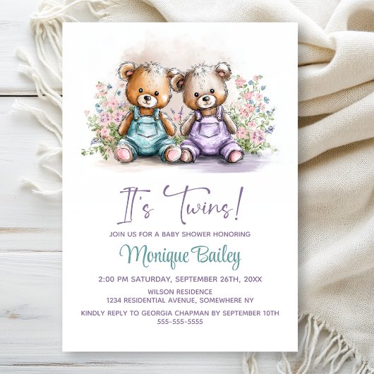 Invitation Teddy Bear Twins Baby Shower