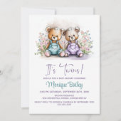 Invitation Teddy Bear Twins Baby Shower (Devant)