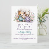 Invitation Teddy Bear Twins Baby Shower (Debout devant)