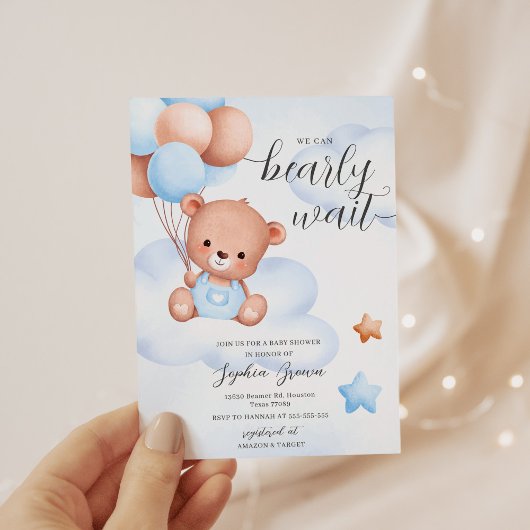 Invitation Teddy Bear Watercolor Baby shower garçon
