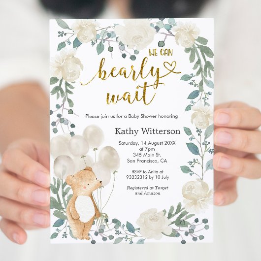 Invitation Teddy Bear We Can Bearly Wait Baby Shower