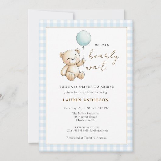 Invitation Teddy Bear We can Bearly wait Boy Baby shower (Devant)