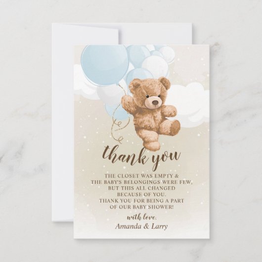 Invitation Teddy Bear with Blue Balloons Thank You Card (Devant)