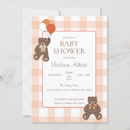 Invitation Teddy Bears Baby Shower Balloons Bows Orange Plaid (Devant)