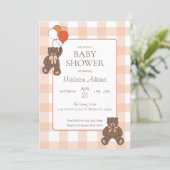 Invitation Teddy Bears Baby Shower Balloons Bows Orange Plaid (Debout devant)