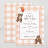 Invitation Teddy Bears Baby Shower Balloons Bows Orange Plaid (Devant / Derrière)