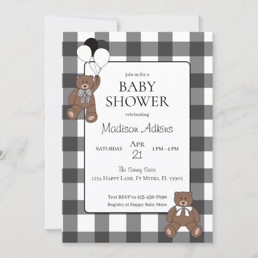 Invitation Teddy Bears Black Buffalo Check Baby Shower (Devant)