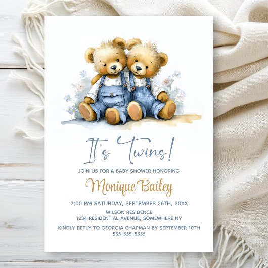 Invitation Teddy Bears Twins Baby Shower