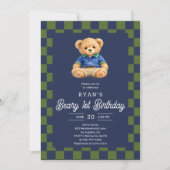 Invitation Teddy Beary 1er Anniversaire Damier Bleu Vert (Devant)