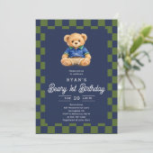 Invitation Teddy Beary 1st Birthday Checkboard Blue Green (Debout devant)