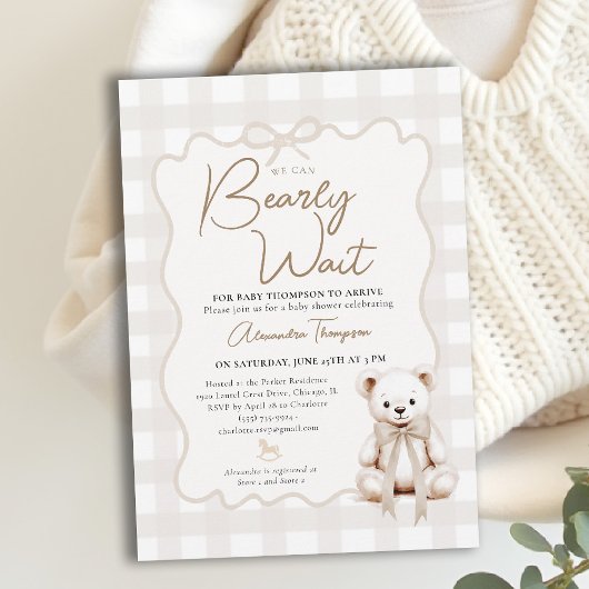 Invitation Teddy Bow Neutral Gingham Bearly Wait Baby Shower
