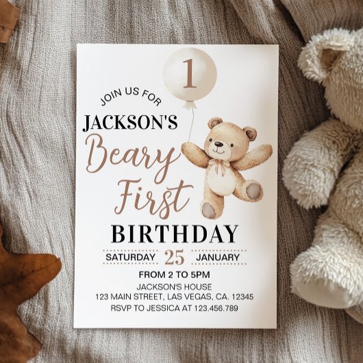 Invitation Teddy Brown Balloon Beary Premier anniversaire