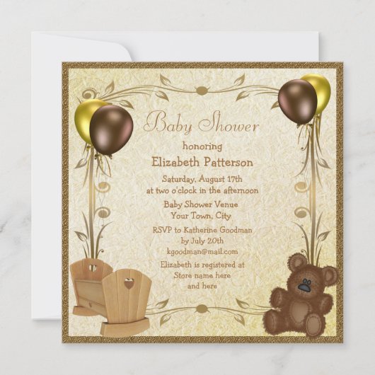 Invitation Teddy & Crib Vintage Brown & Gold Baby shower (Devant)