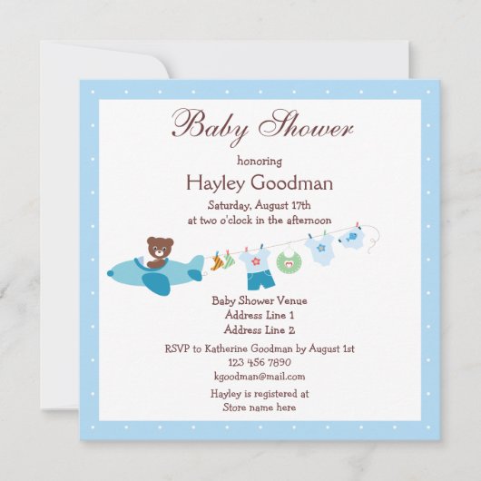 Invitation Teddy dans le Baby shower bleu de l'avion et de la (Devant)
