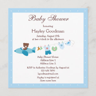 Invitation Teddy dans le Baby shower bleu de l'avion et de la