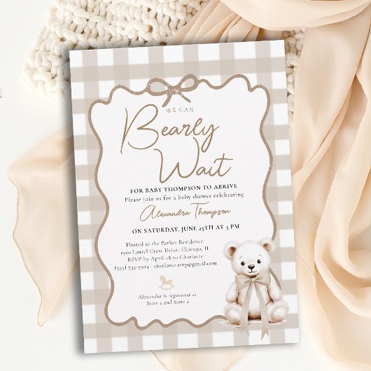 Invitation Teddy Neutral Gingham Bearly Wait Bow Baby Shower