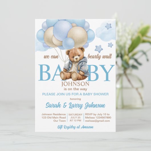 Invitation Teddy ours baby shower bearly attend mignonette te (Debout devant)