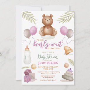 Invitation Teddy Ours Baby shower Rose fille à peine attendre